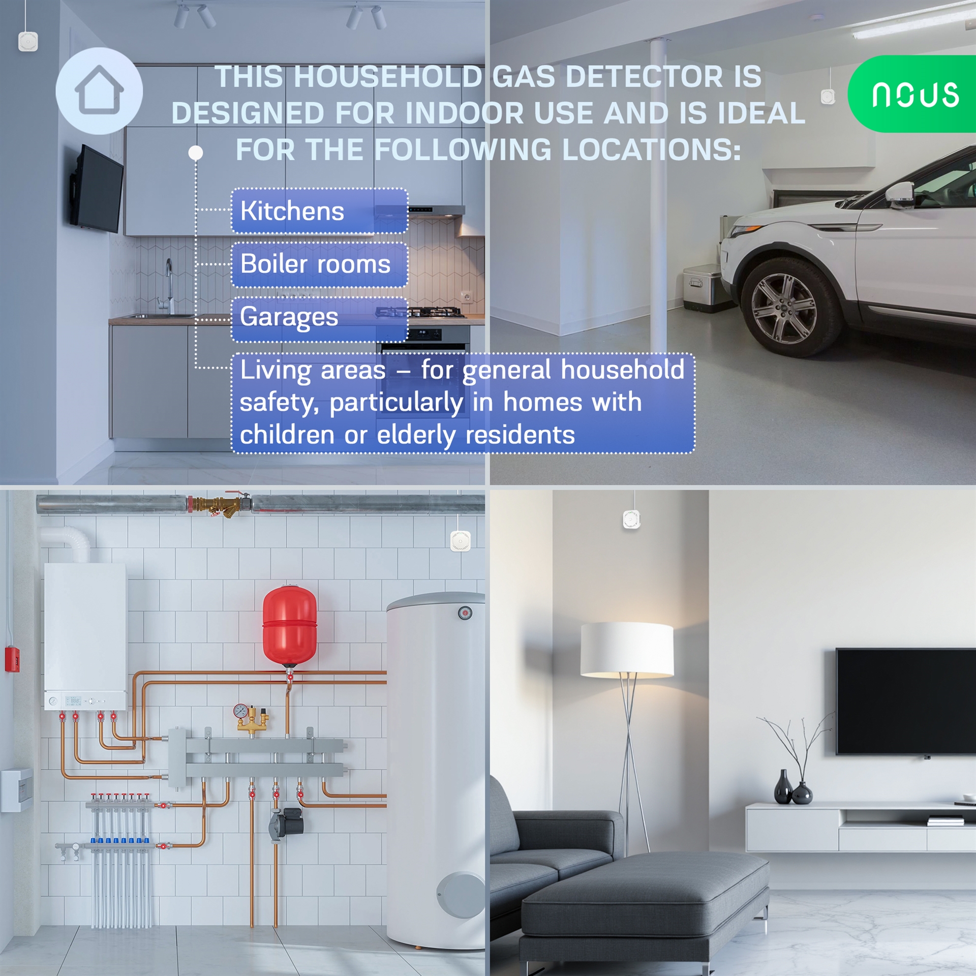 Zigbee gasdetektor E9 – 100–240 V AC, ≥85 dB