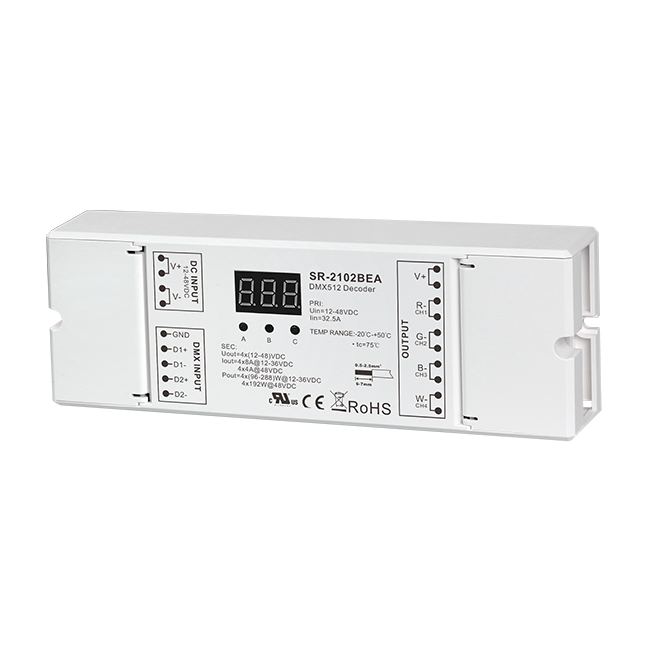 SR-2102BEA – DMX512 decoder, 12-48 V DC, 4 kanaler, 4 x 8 A