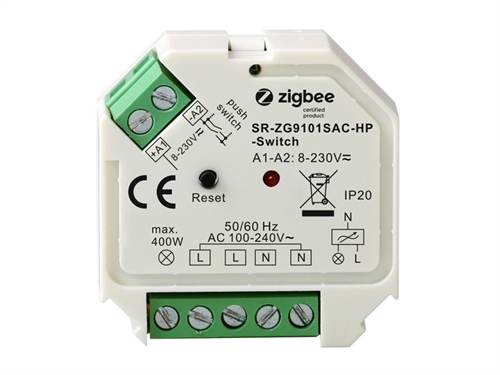 SR-ZG9101SAC-HP-SWITCH – Zigbee indbygningsrelæ, 100-240 V AC, 1 kanal, max 400 W